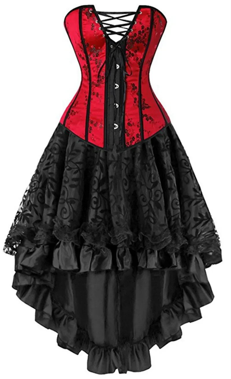 Seksowne gorsety sukienki kostium w dużych rozmiarach Overbust burleskowy gorset i spódnica komplet bielizny Tutu gorset wiktoriańska nieregularna spódnica