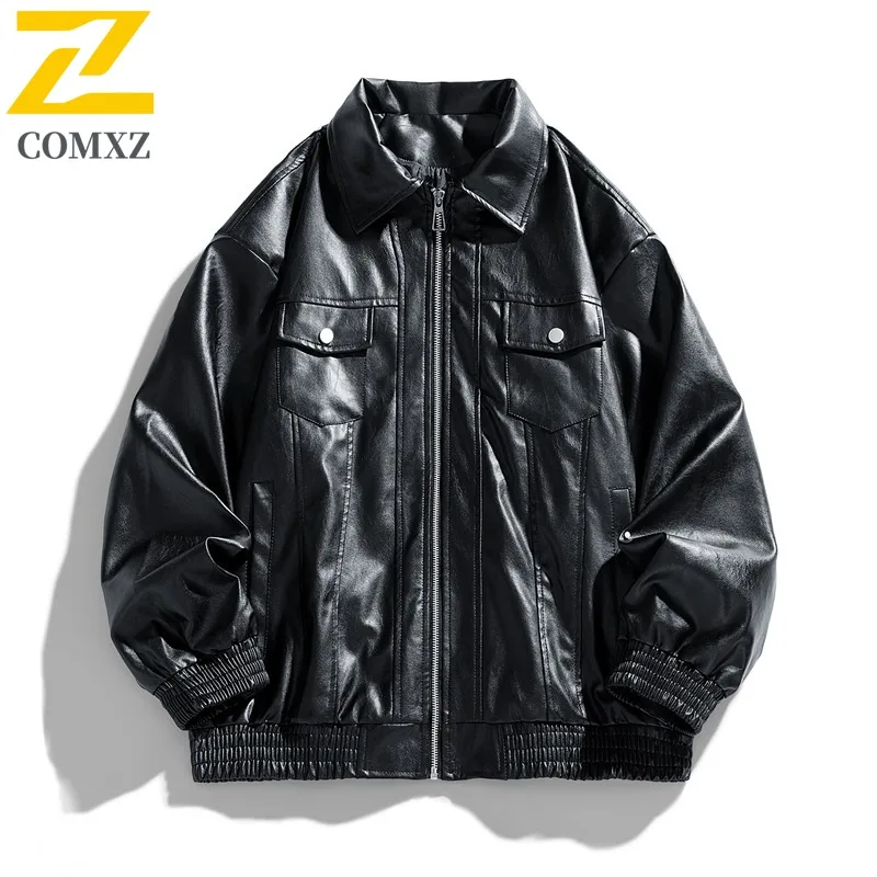 سترة جلدية أنيقة للرجال من COMXZ بياقة مقلوبة على الموضة الأمريكية معطف خفيف الوزن للدراجات النارية ملابس خروج مريحة للخريف