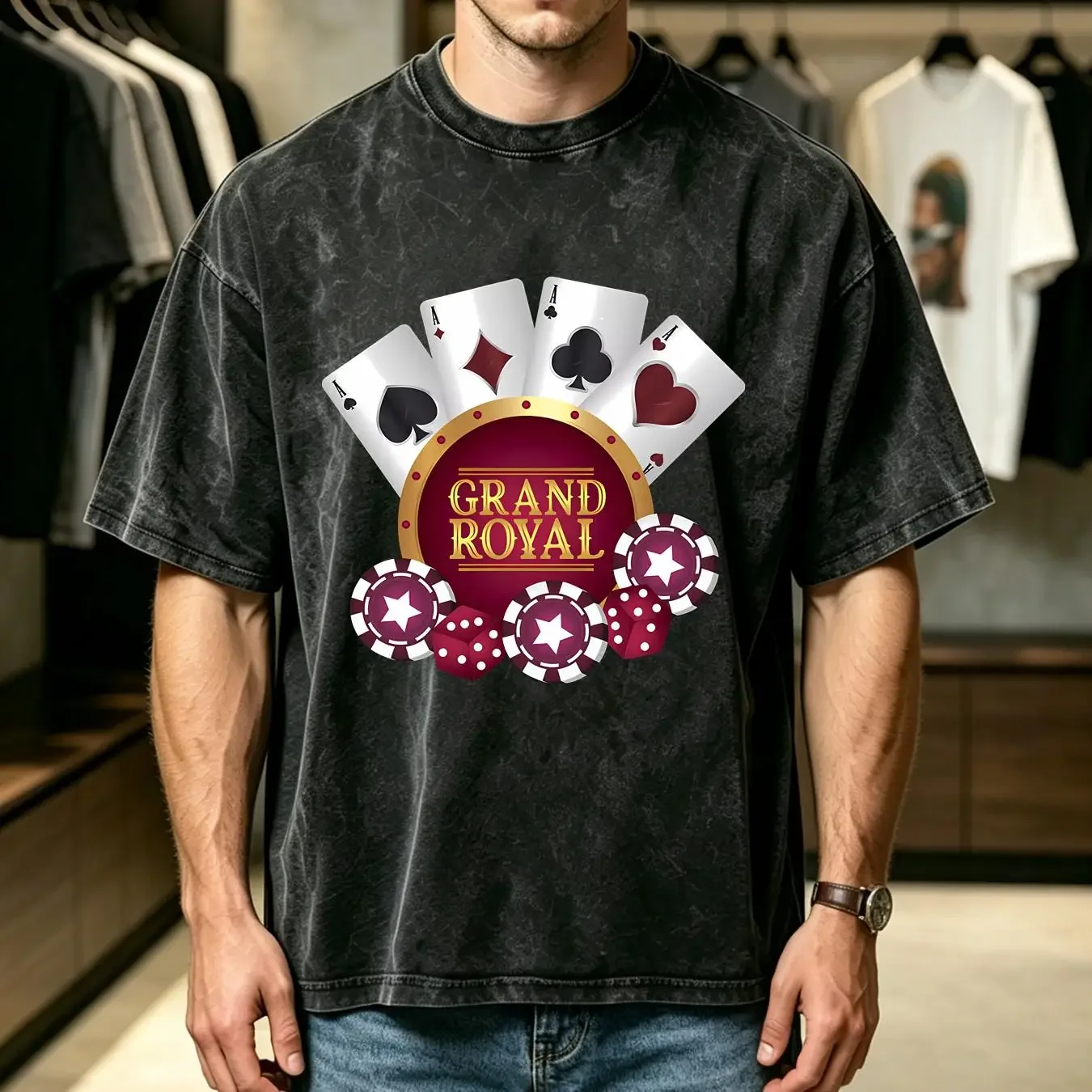 washed T Shirt Grand Royal Four Aces Record Funny Playing Cards Game Casino vintage Washed Slightly Casual homme Stylish Soft