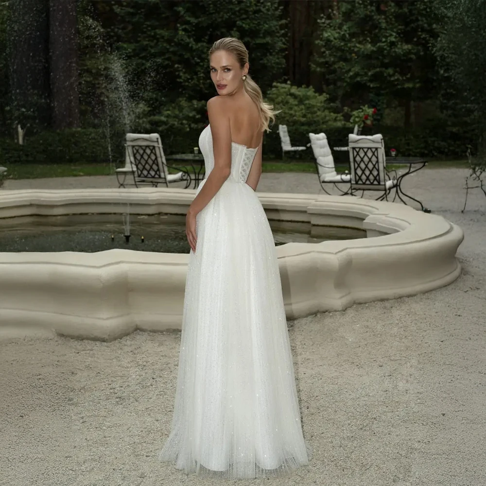 Customized Strapless Bridal Dress with Sparkly Tulle Skirt and A-Line Silhouette Glamorous Wedding Dress for Dreamy Brides