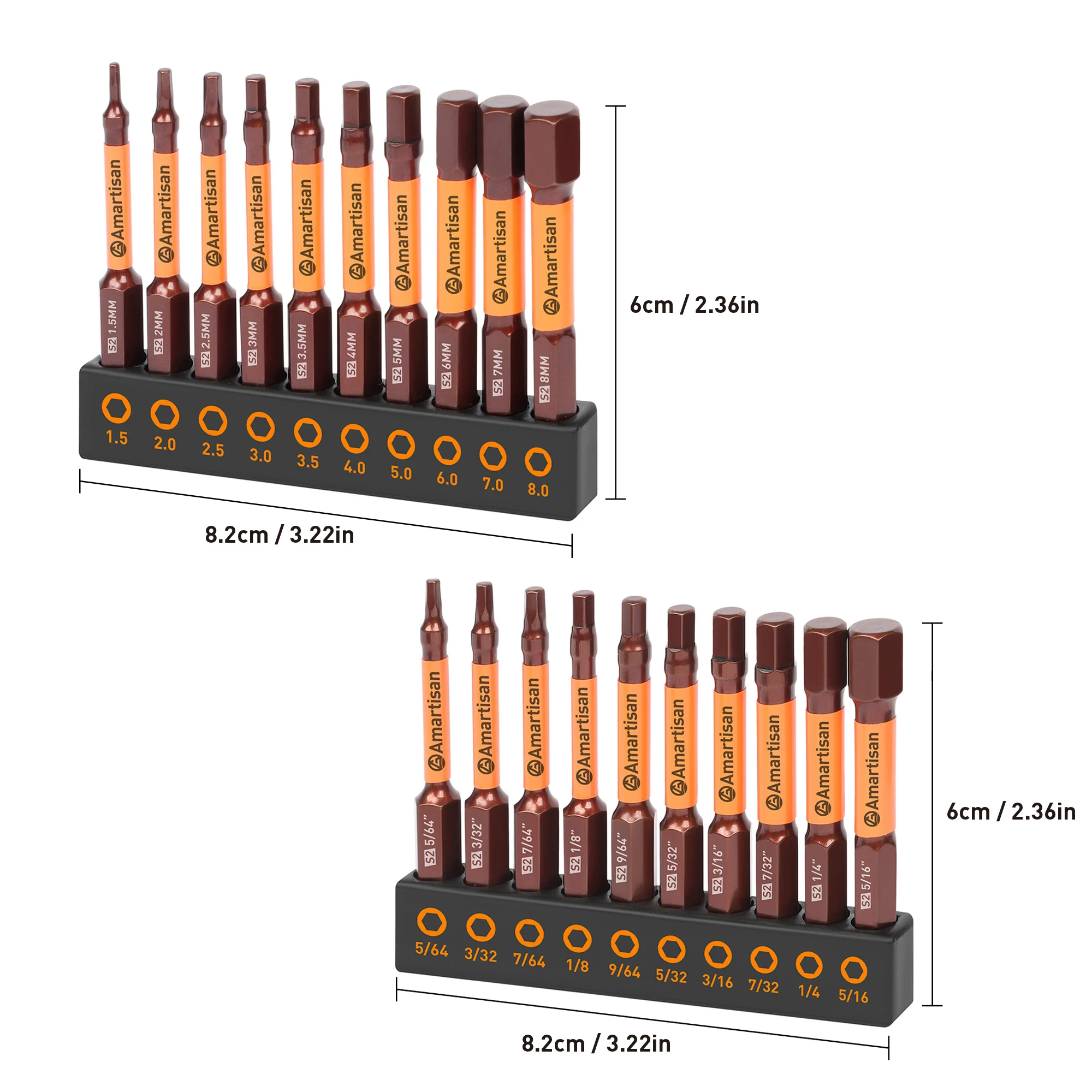 20 piece set of hexagonal wrench bit set, red metric and imperial S2 steel, with plastic box