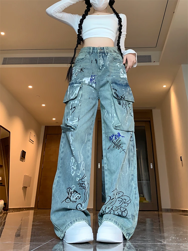 Women's Graffiti Printing Paint Design Vintage Jeans Cool Girl High Waisted Streetwear Fashion Trouser Female Casual Denim Pants