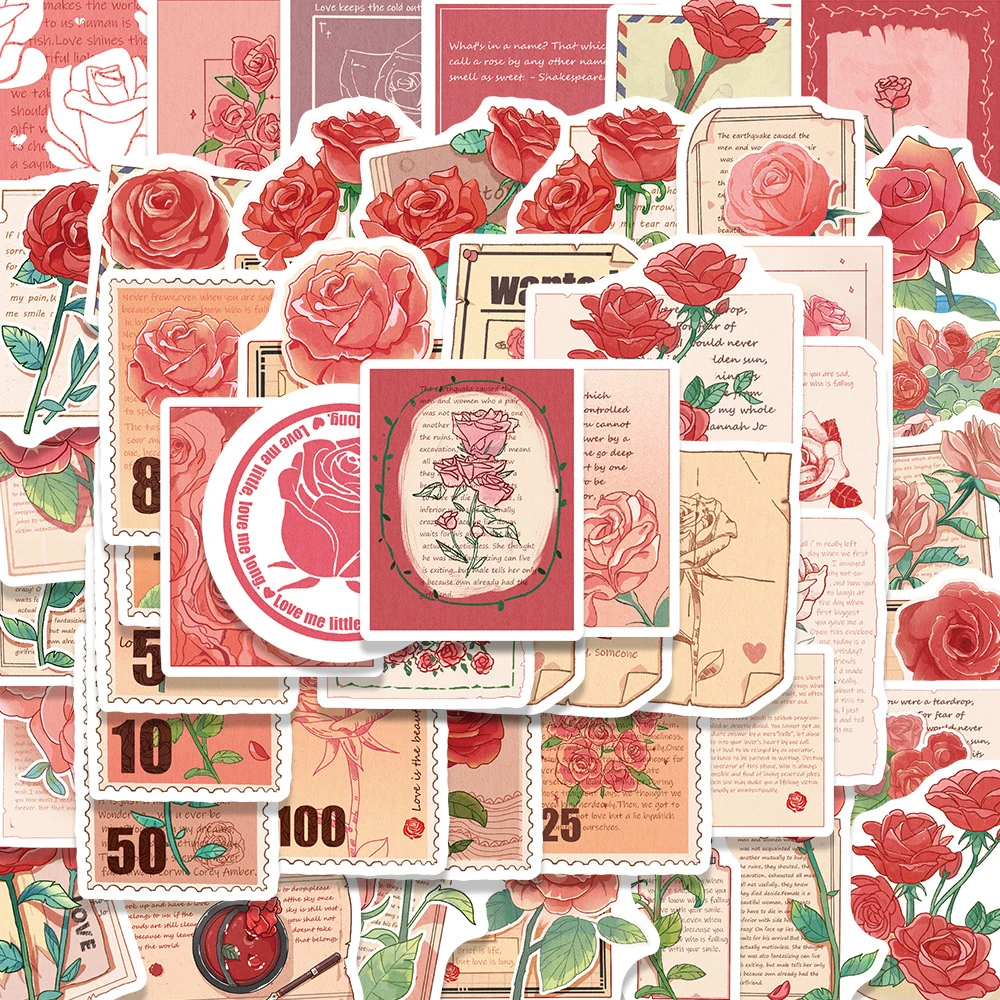 

10/30/50pcs Retro Cartoon Rose Letter Stamp Stickers Flower Art Aesthetic Decals DIY Notebook Phone Guitar Graffiti Sticker Gift