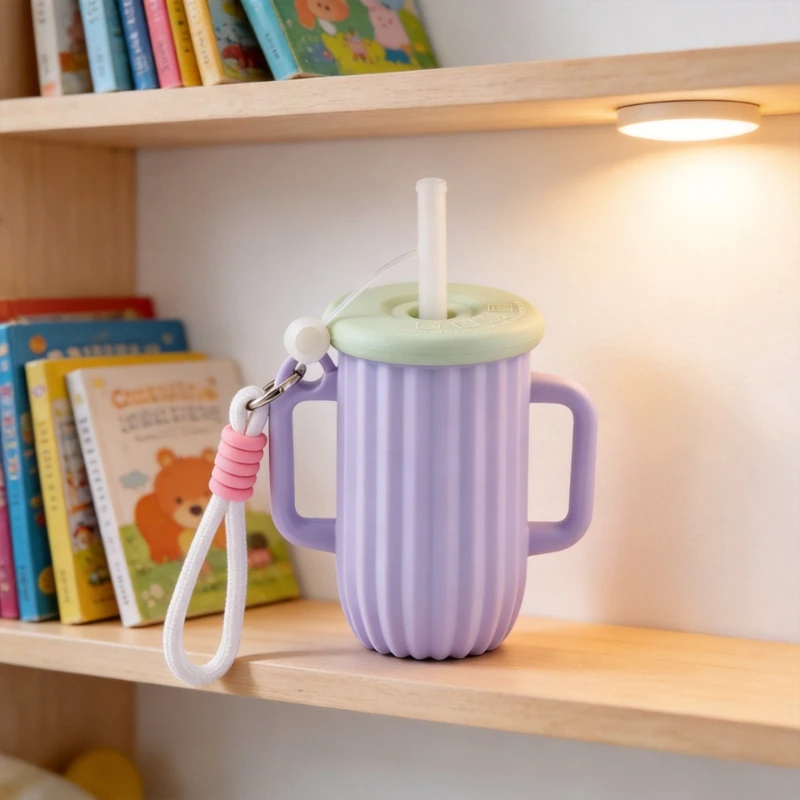 Macaron Color Silicone Water Cup With Straw Portable Strap Handle Drinking Mug Lid Outdoor Travel Milk Juice Cup Home Drinkware