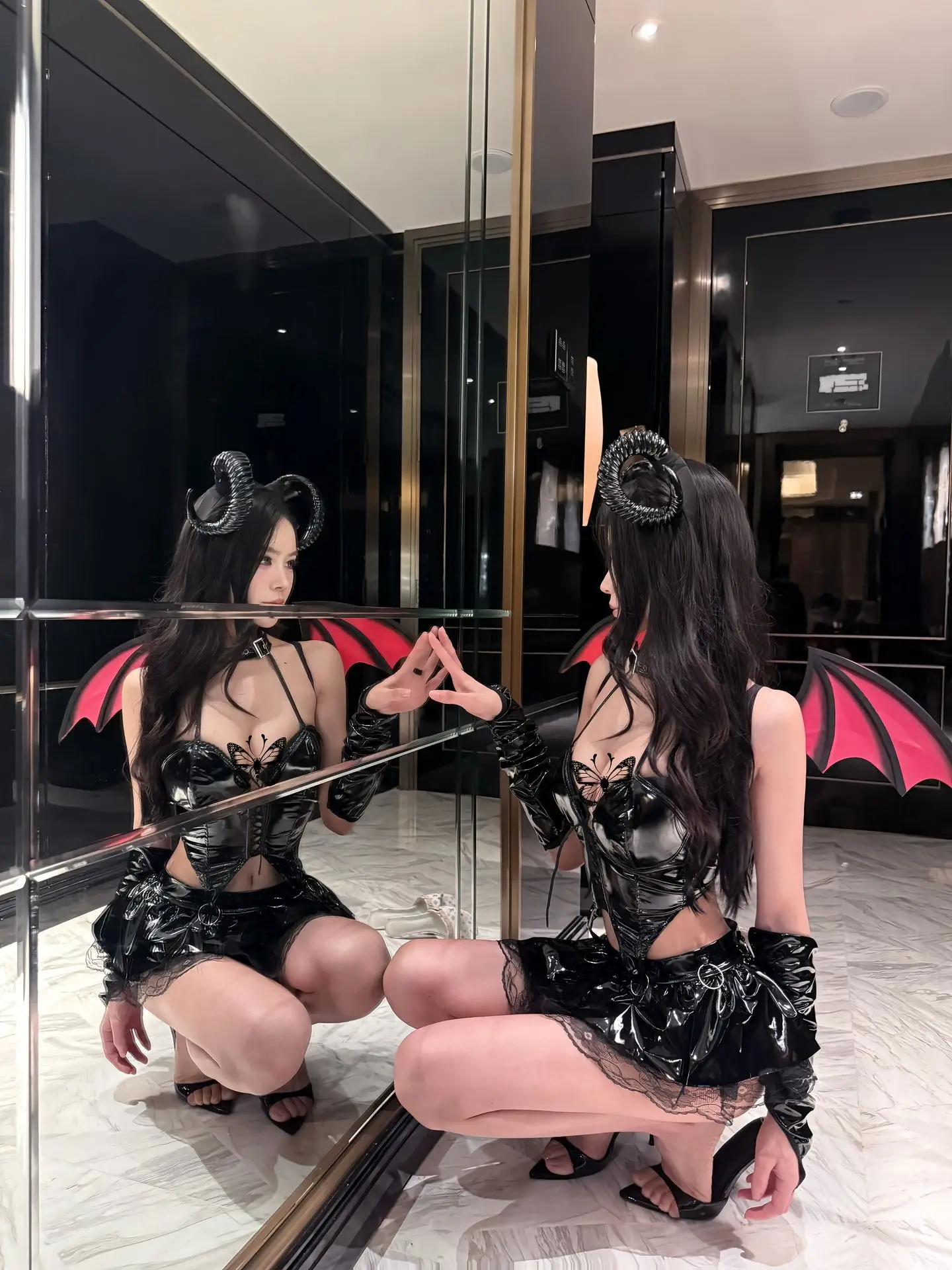 Sexy diable femme loween Costume Dr orm ensemble PU cuir ort jupe taille haute longue Sve une épaule diable Costume