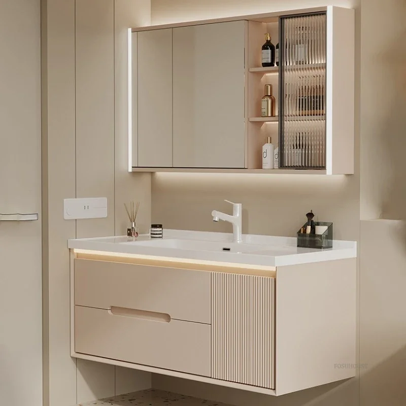 Modern Simple Bathroom Cabinets Ceramic Integrated Basin Solid Wood Sink Cabinet Combination Smart Wash Basin Furniture