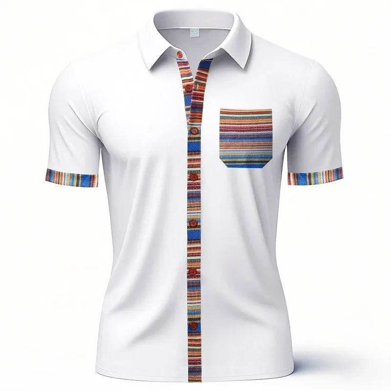 2025 Summer Men's Loose Casual Short Sleeve Shirt Breathable Stretch Color Block Comfort Top