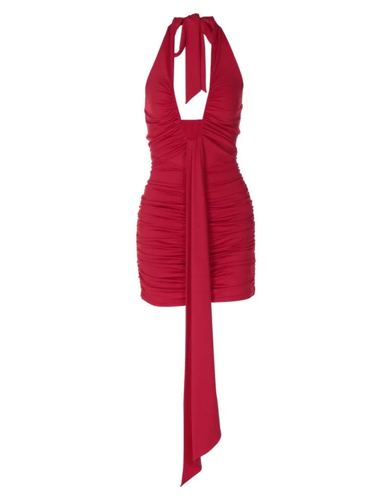 Articat-vestido Sexy con escote en V profundo, sin mangas, fruncido, ceñido al cuerpo, con cinta Halter, elegante, sin espalda, para fiesta y Club, ropa nueva