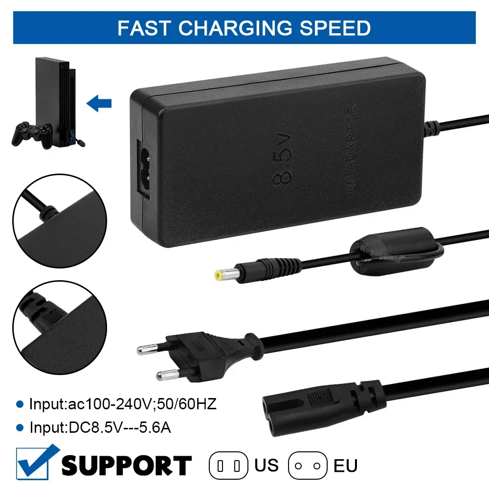EU-Stecker für PS2-Konsole Slim AC-Adapter Ladekabel Stromversorgung AC100~240V 50/60HZ DC 8,5V--5,65A – Detail 10