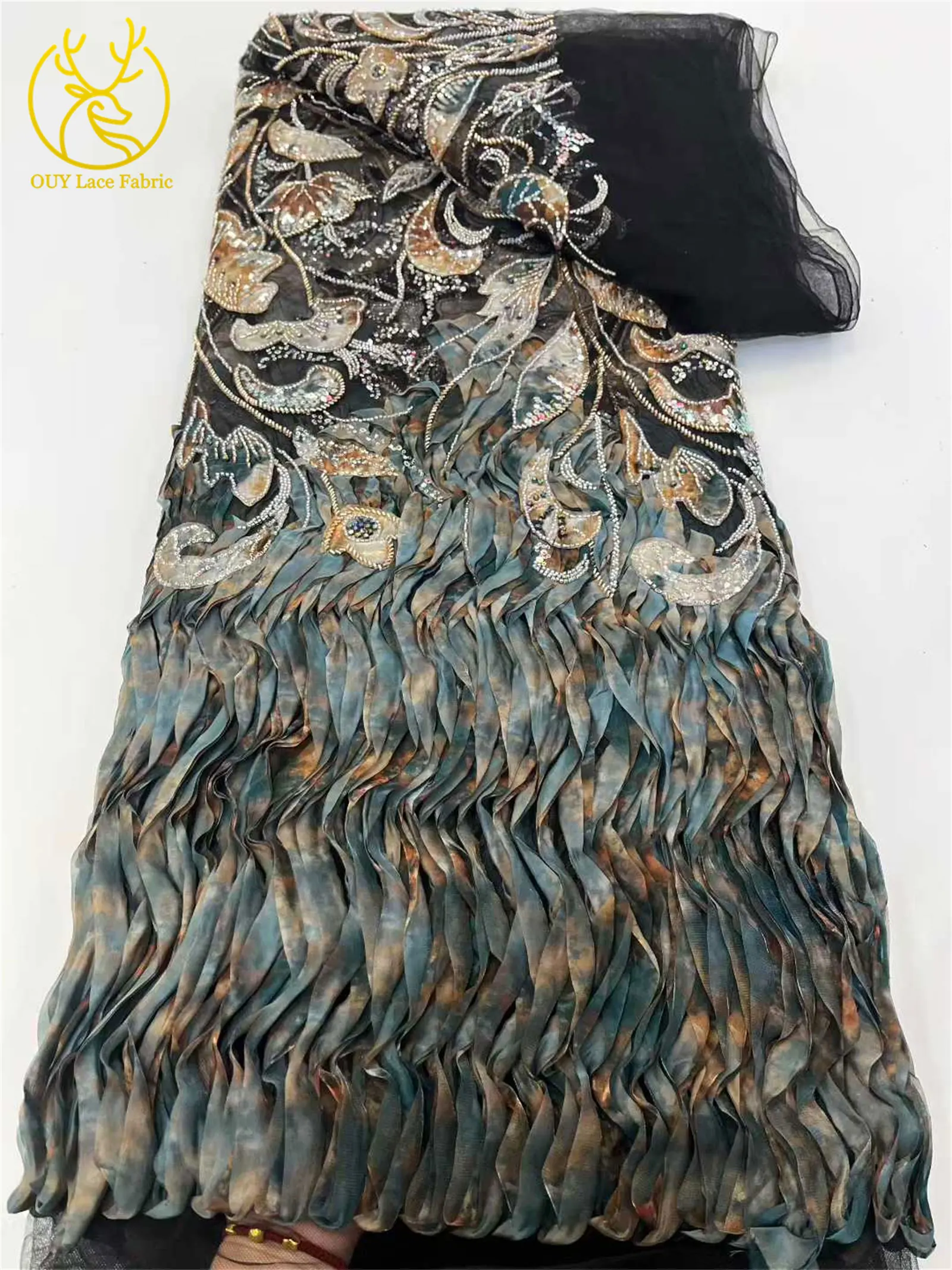 アフリカナイジェリアパープル3Dレース生地、高級ビーズスパンコール刺繍入りウェディングパーティードレス用新郎向けレース生地