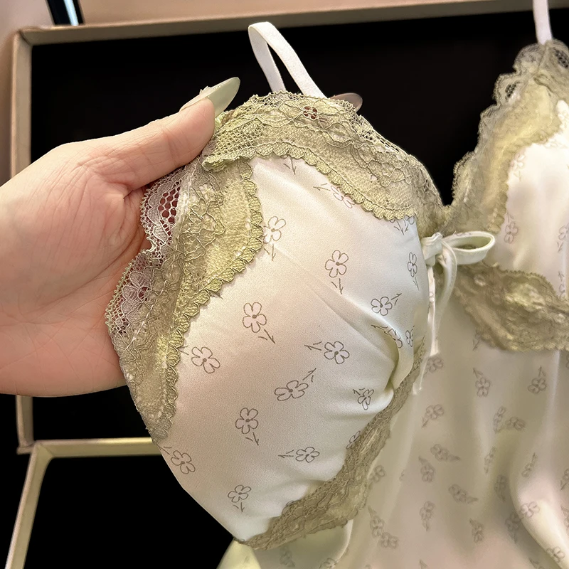 DAIMELU ice silk nightdress women's summer sexy sleepwear skirt pajamas light green lace print loungewear lady nightgown girl