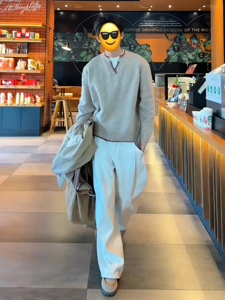 

Мужской вязаный свитер с V-образным вырезом, зимний дизайн, с круглым вырезом, на шерстяной основе, повседневный, свободный крой, средней толщины, длинный рукав