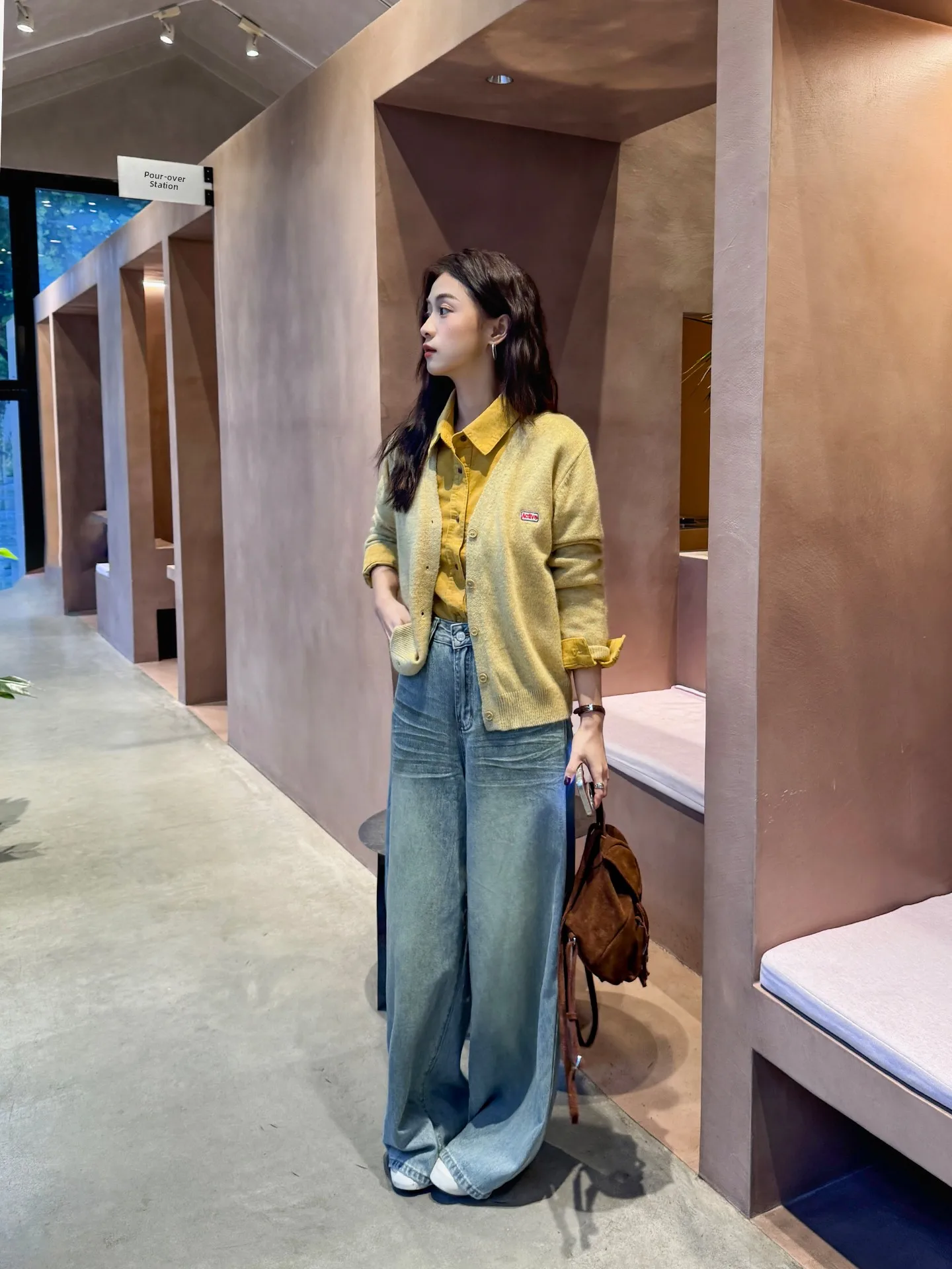 

Yellow Knitted Open Cardigan Loose V-Ne Sweater Versatile Lazy Sle Small Size Friendly Comfortable Fit for Commute