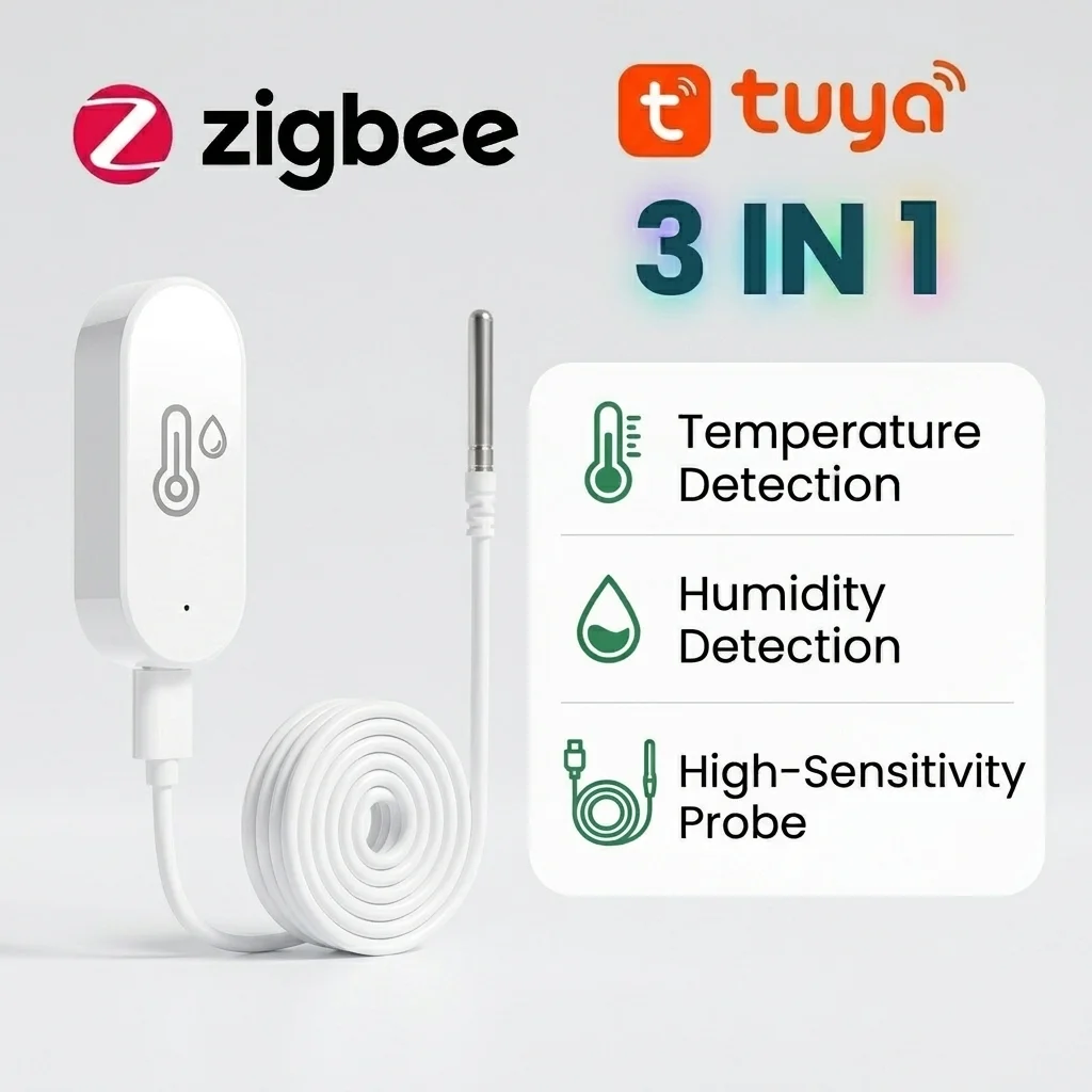 NTC Temperature Humidity Sensor with Probe Liquid Temperature Detection For Indoor and Outdoor Work with Smart Life Tuya Hub Z2M