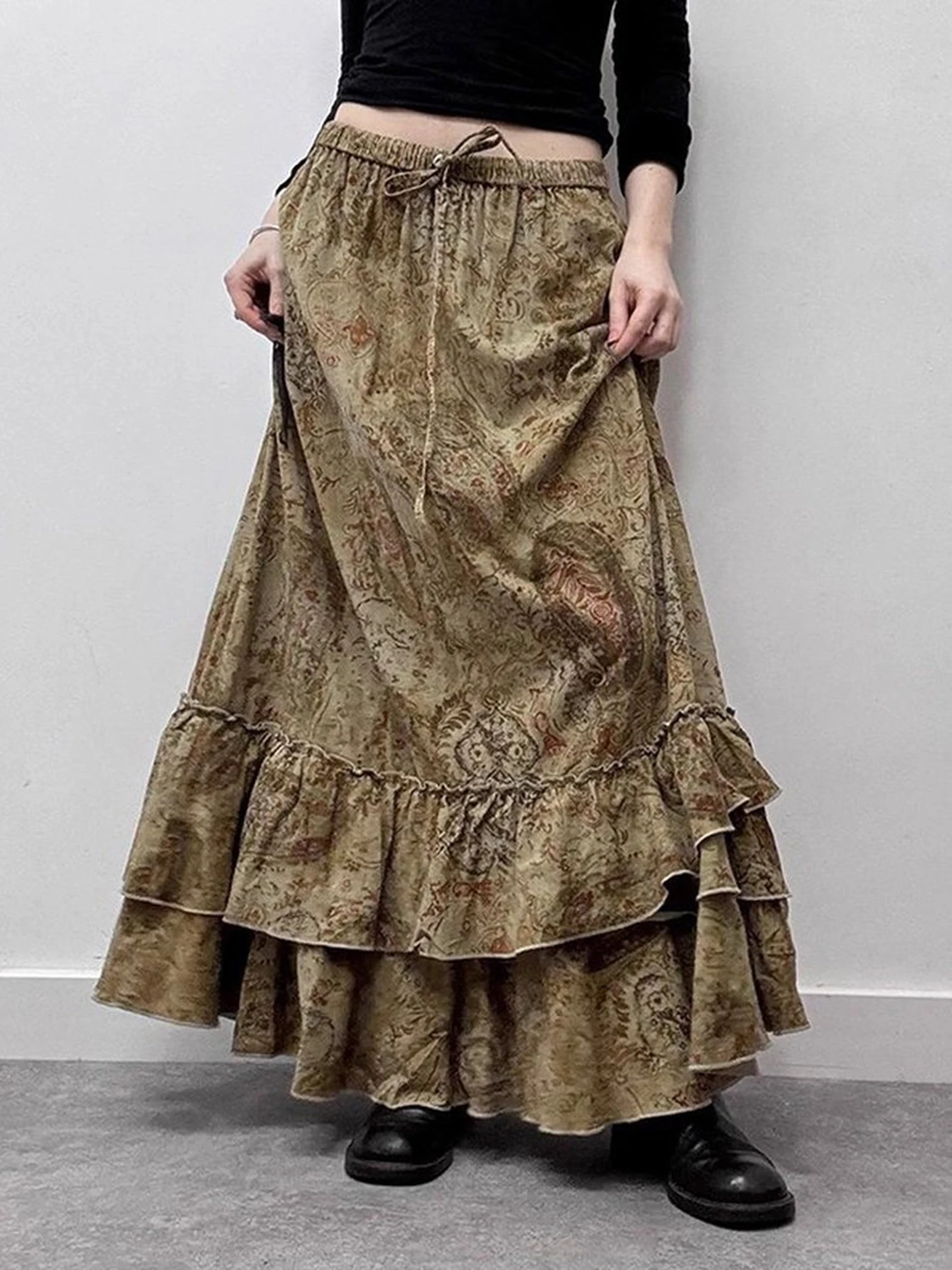 Autumn Vintage Printed Skirt For Women Elastic Waistband Lace Up A-line Ruffle Edge French Fashion Elegant Retro Y2K Skirts