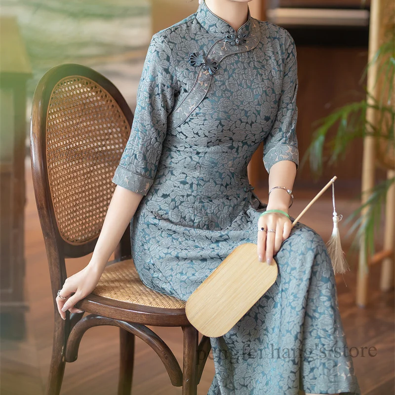 Women's Ao Dai Qipao Elegant Jacquard Cheongsam Improved New Chinese Style Dress Spring Autumn Vestidos Half Sleeve Party Dress