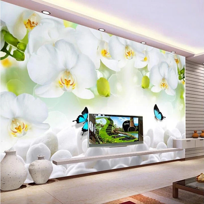 Customized 3D Mural Photo Wallpaper White Orchid Butterfly Flowers Living room sofa TV background wall bedroom restaurant Hotel