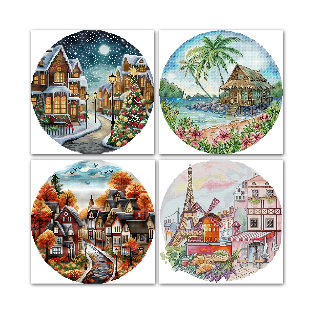 Joy Sunday Autumn Streets Island French Flavor Christmas Eve Cross Stitch, Home Decor, FA557, FA559, FA584, FA603