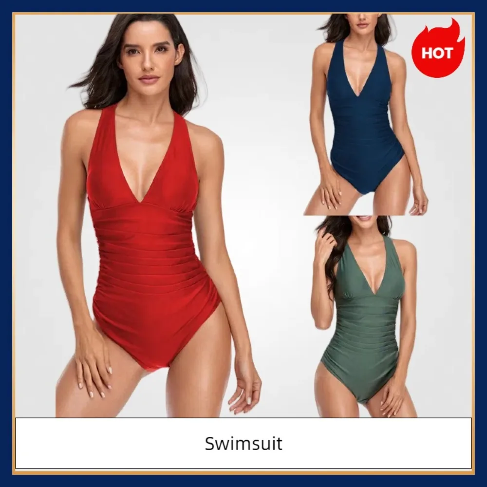 

2025 European and American New Solid Color Shirred V-Neck Belly Cover Slimming One-Piece Swimsuit for Women
