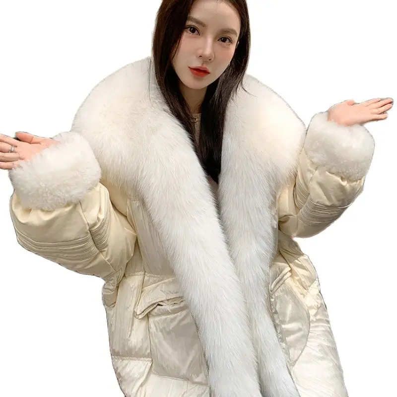 

New Winter Women Fur Coat White Goose Down Jacket Thick Fashion Luxury Outerwear Super Large Real Fox Fur Collar Puffer Jacket