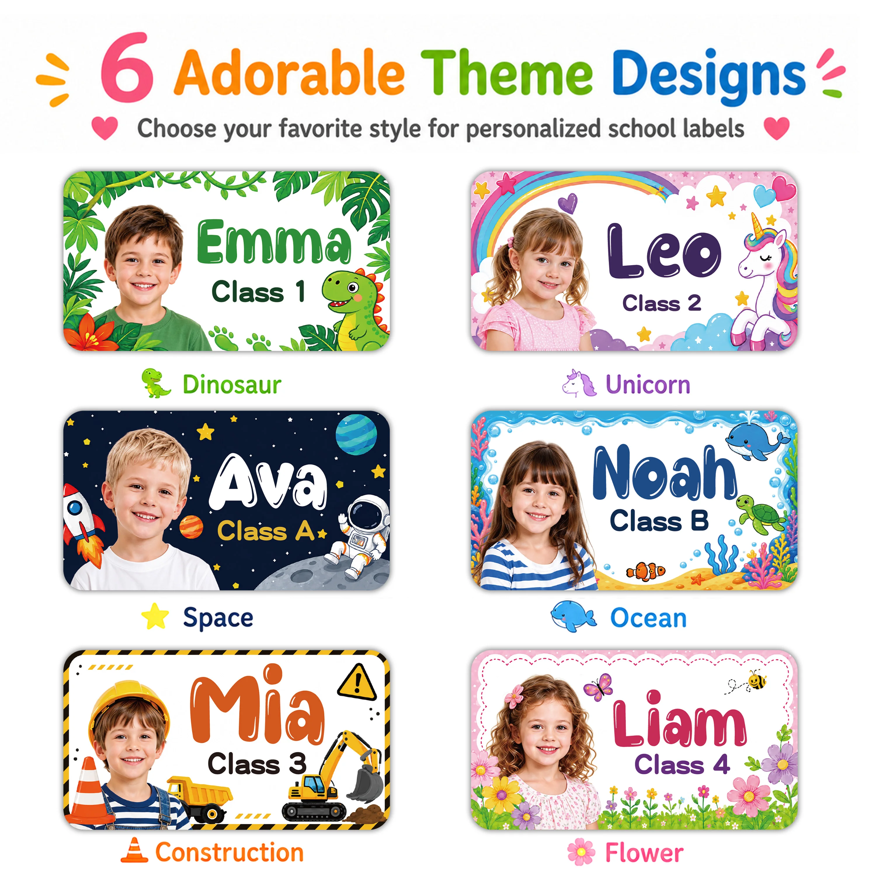 108Pcs Custom Name Photo Labels, 4cm Waterproof Personalized Stickers, 6 Theme Designs for Bottles, Books, School Supplies