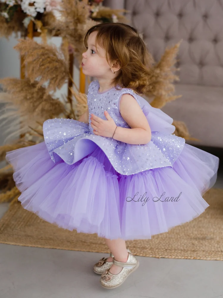 Flower Girl Dresses Purple Tulle Puffy Sequin With Bow Sleeveless For Wedding Birthday Party First Communion Gowns