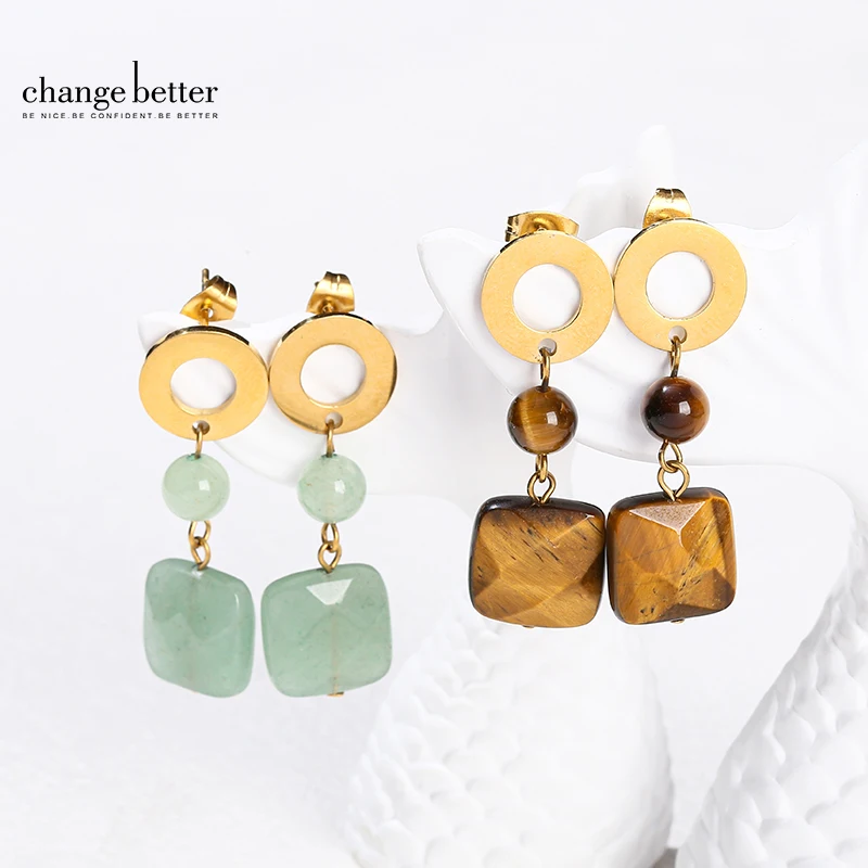 Change Better Faceted Natural Yellow Tiger Eye Green Aventurine Square Pendant Golden Earrings Women Bohe Chic Dangle Earrings