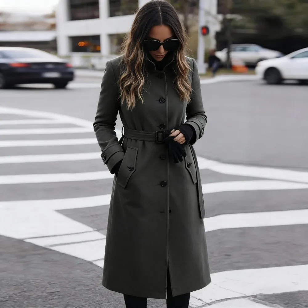 Long Length Coat with Pockets Straight Cut Casual Women Coat Winter Commuter Style Long Sleeve Single Breasted Multi Button