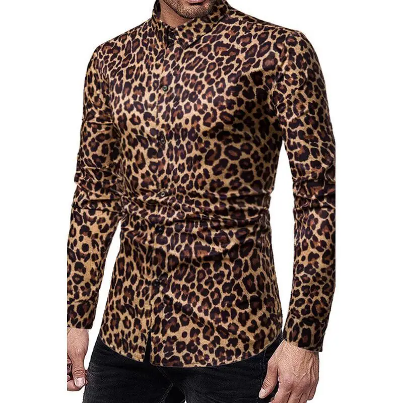 All Seasons Men's Luxury Leopard Print Non-Iron Long Sleeve Shirt Cardigan Ice Silk Stretch Turn-down Collar Shirts For Men