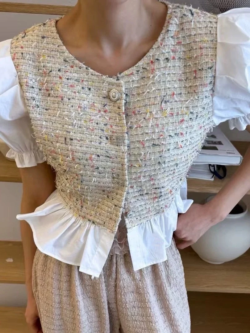 

Summer New Chic Retro Ladylike ort Button-Up Splice Women's Outerwear Fraance Sle Jaet Modern Classic Faion