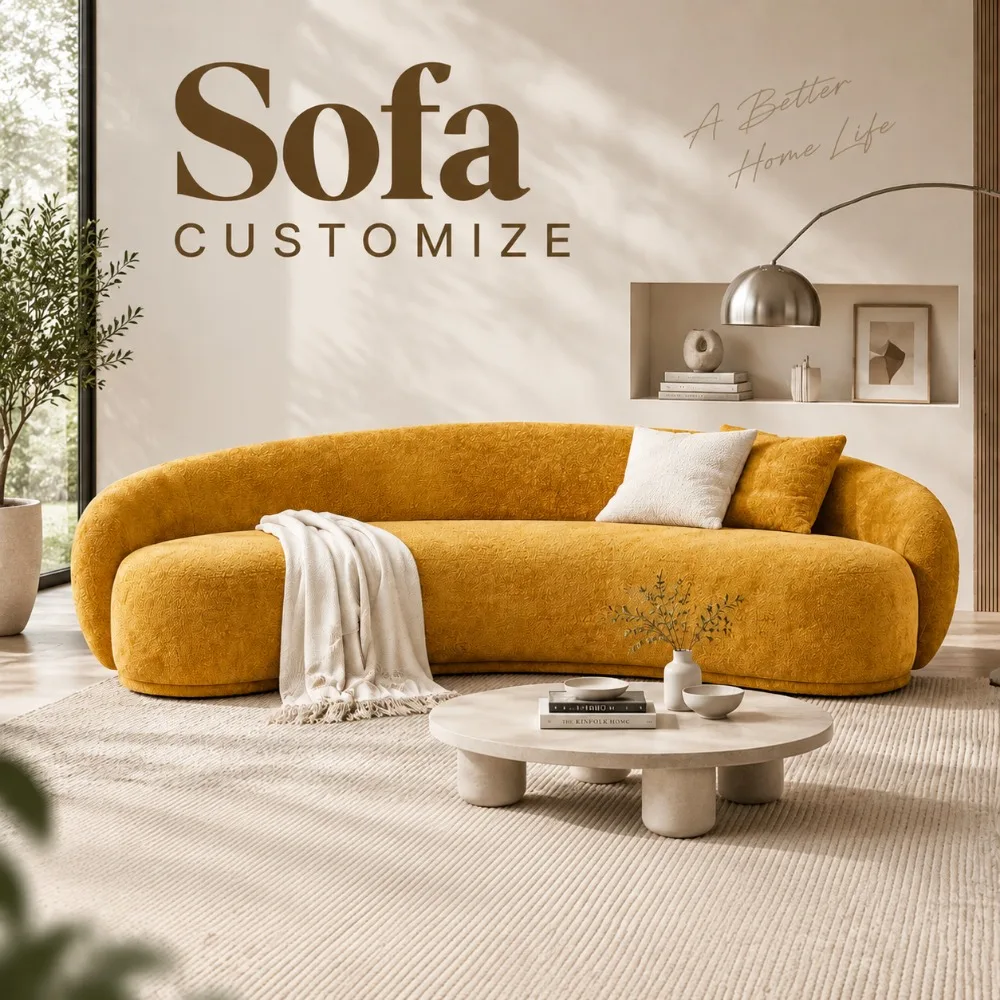 Curved Chenille Fabric Sofa, Modern Irregular Plush Crescent Shape Couch for Living Room Home Interior Decoration