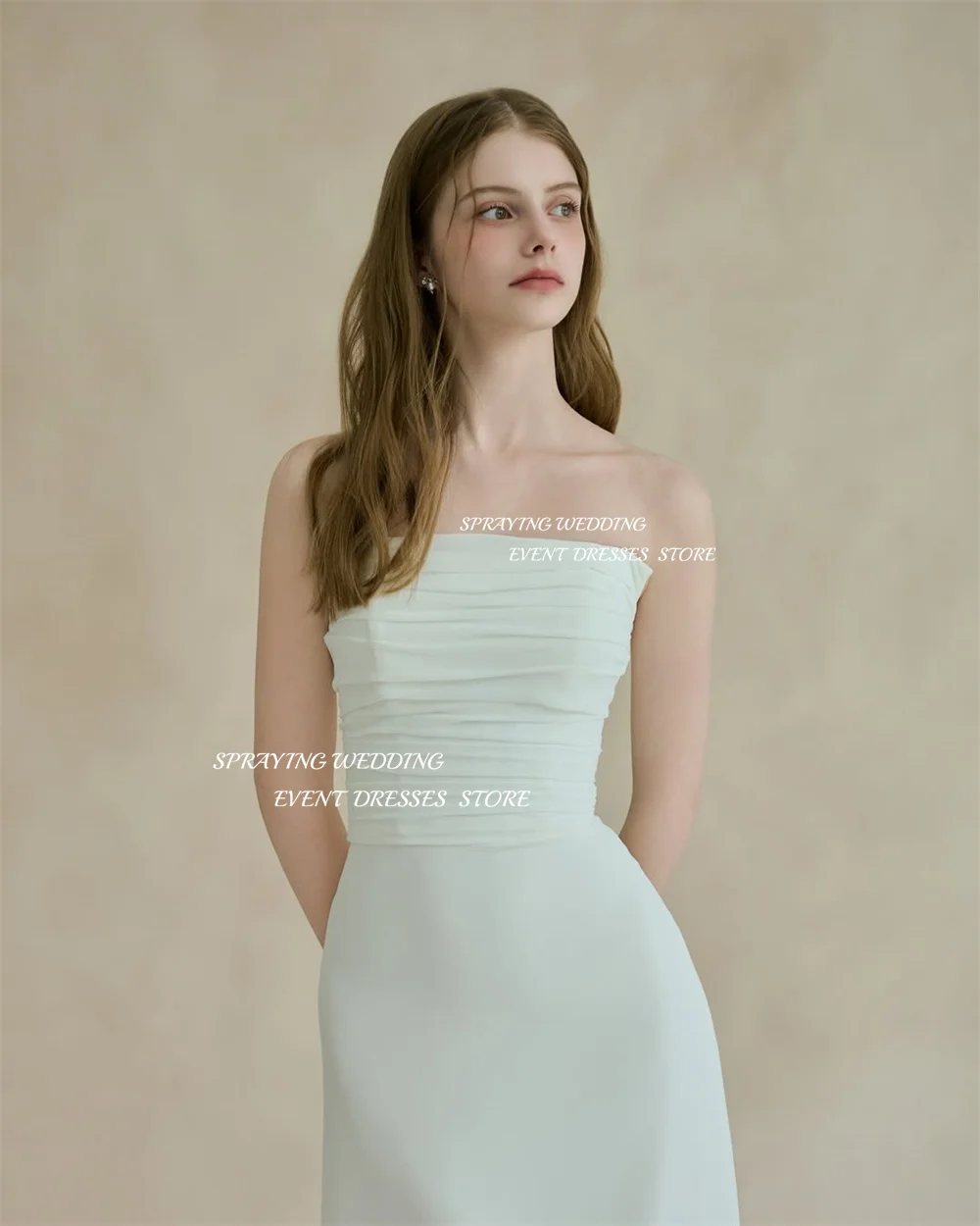 스프레이 심플 아이보리 웨딩 드레스 한국 사진 촬영 Strapless Pleat Floor-Length Bridal 가운 코르셋 웨딩드레스 맞춤형