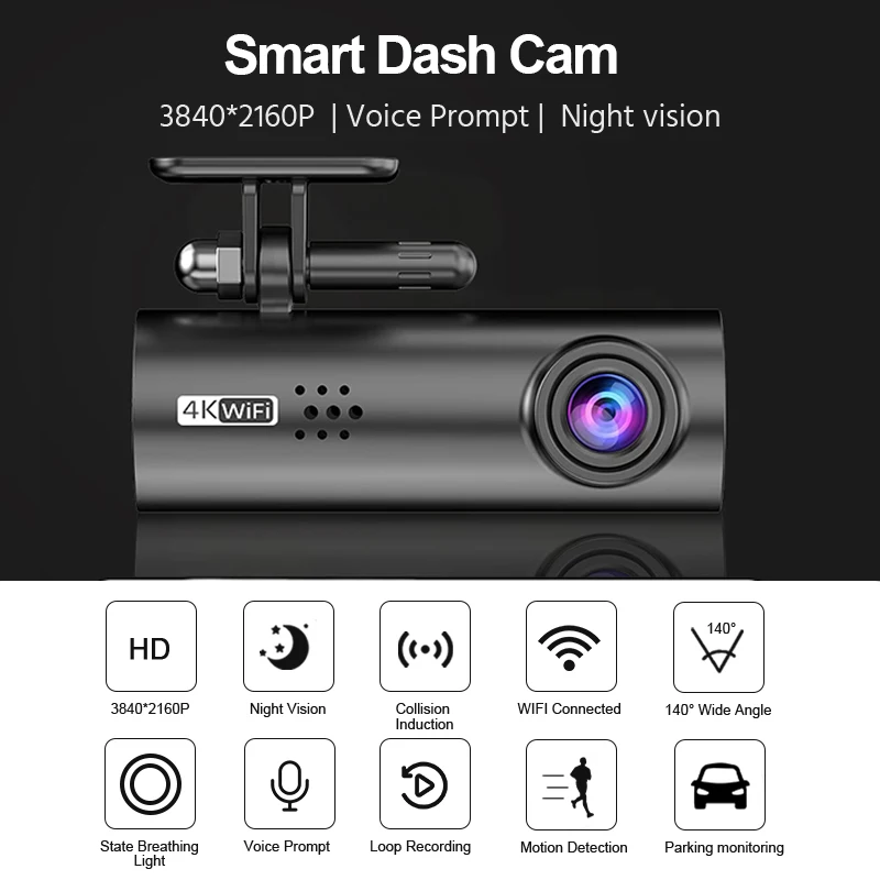 E-ACE 4K UHD WIFI Mini Dash Cam Car Dvr Video Recorder With APP Control Night Vision 24H Parking Camera Monitor Car Accessories