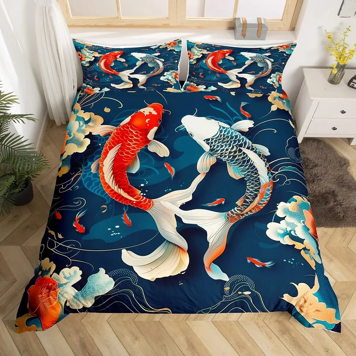 

Goldfish Bedding Set Fantasy Yin Yang Fish Duvet Covet Cherry Blossom Flowers Theme Blue Sea Wave Breathable Bedding Set