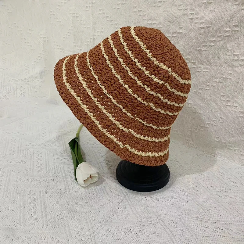 Summer Striped Hollow Weave Bucket Hat Women Breathable Sun Hat Beach Panama Cap Fold Outdoor Japanese Lesure Fishierman Cap