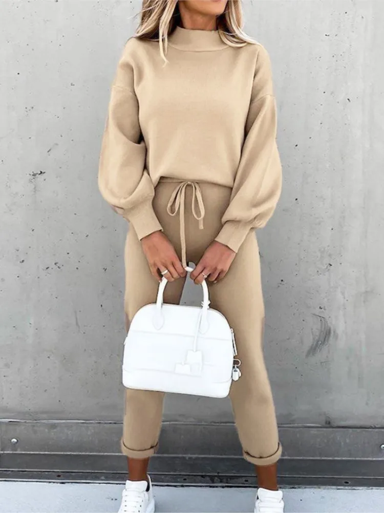 Autumn Winter Solid Color Hoodie Two-piece Sets Women\'s Casual High Collar Long Sleeve Sweatshirt And Drawstring Pants Suit