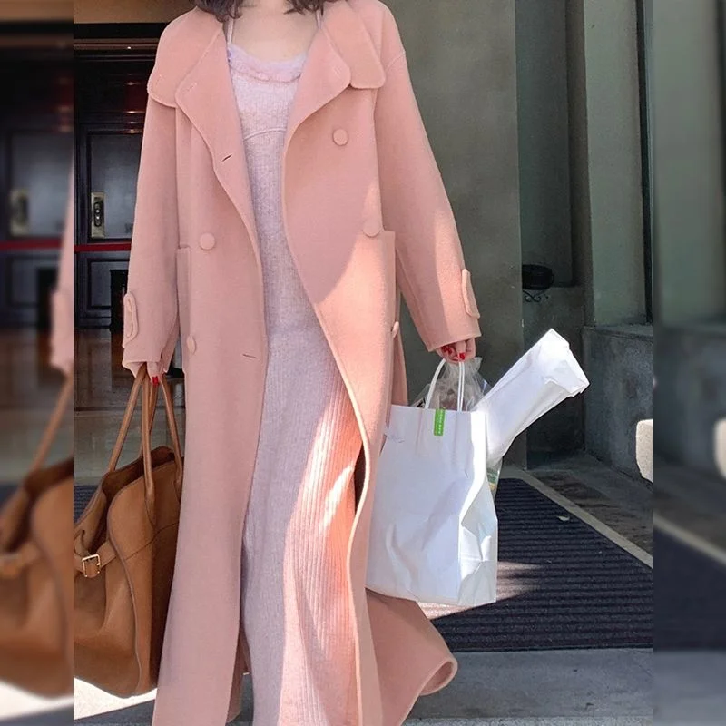 2024 Autumn Winter New Fashion Hepburn Style Mid length Women\'s High end Temperament Pink Green Loose Korean Edition Woolen Coat