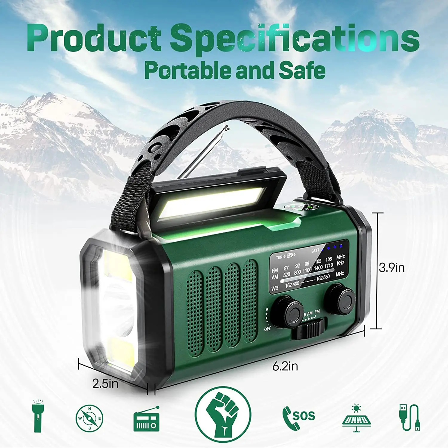 A92Z Solar Power Emergency Hand Crank Radio AM FM NOAA Weather Radio, SOS, 3 Modes LED Torch,Reading Lamp