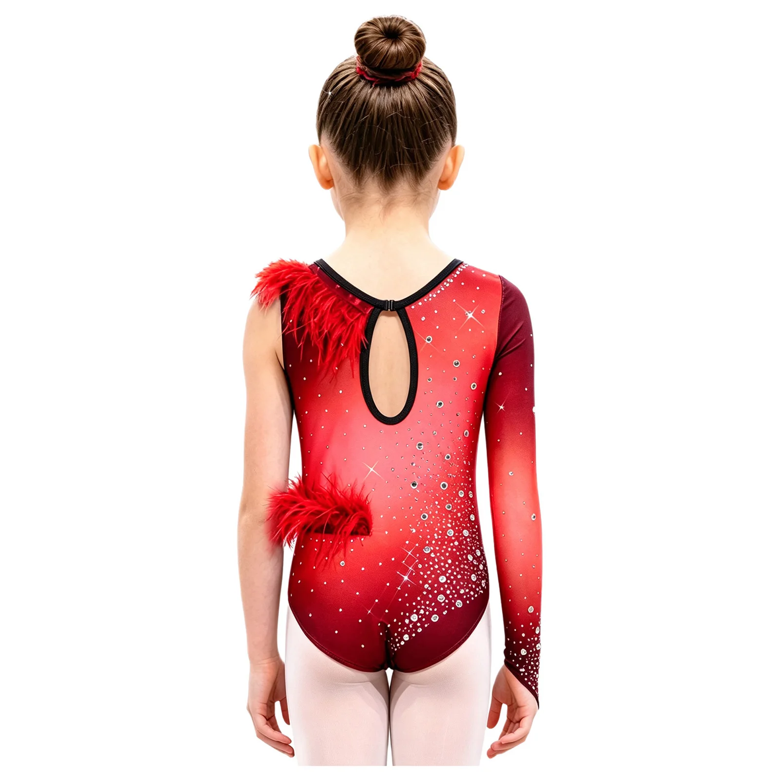 Kids Girls Leotards Rhythmic Gymnastics Ballet Dance Jumpsuits One Single Long Sleeve Feather Trim Gradient Skating Bodysuit