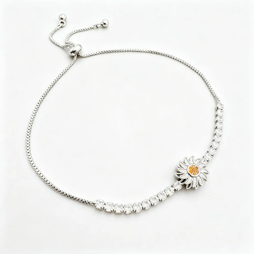 Rotatable Daisy Flower Crystal Adjustable Bracelet Silver Tone Box Chain Sparkling Jewelry for Women Daily Party Gift
