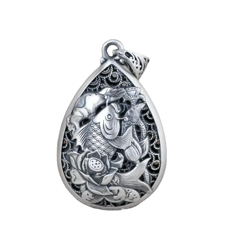 قلادة فضة قديمة مع زهرة لوتس محفورة ، قلادة متدلية ، سلسلة عارضة ، مجوهرات ساحرة ، طراز وطني ، كلاسيكي ، جديد