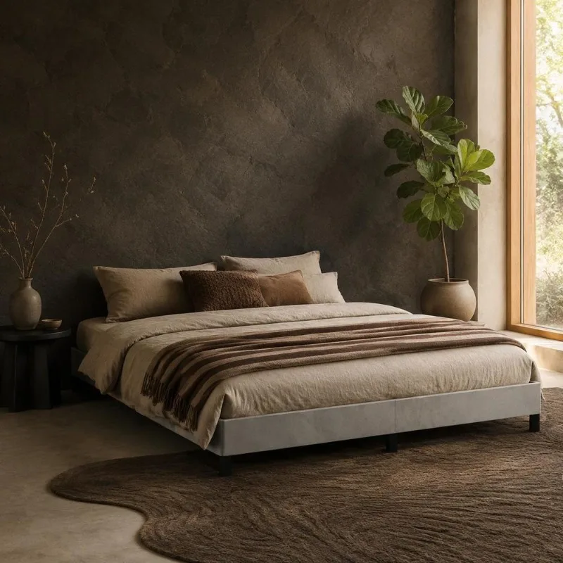 Cadre de lit en tissu velours doux 160 x 200 cm avec sommier à lattes en contreplaqué, pieds robustes, montage facile, pour chambre principale, espace de vie familial, studio et intérieur classique.
