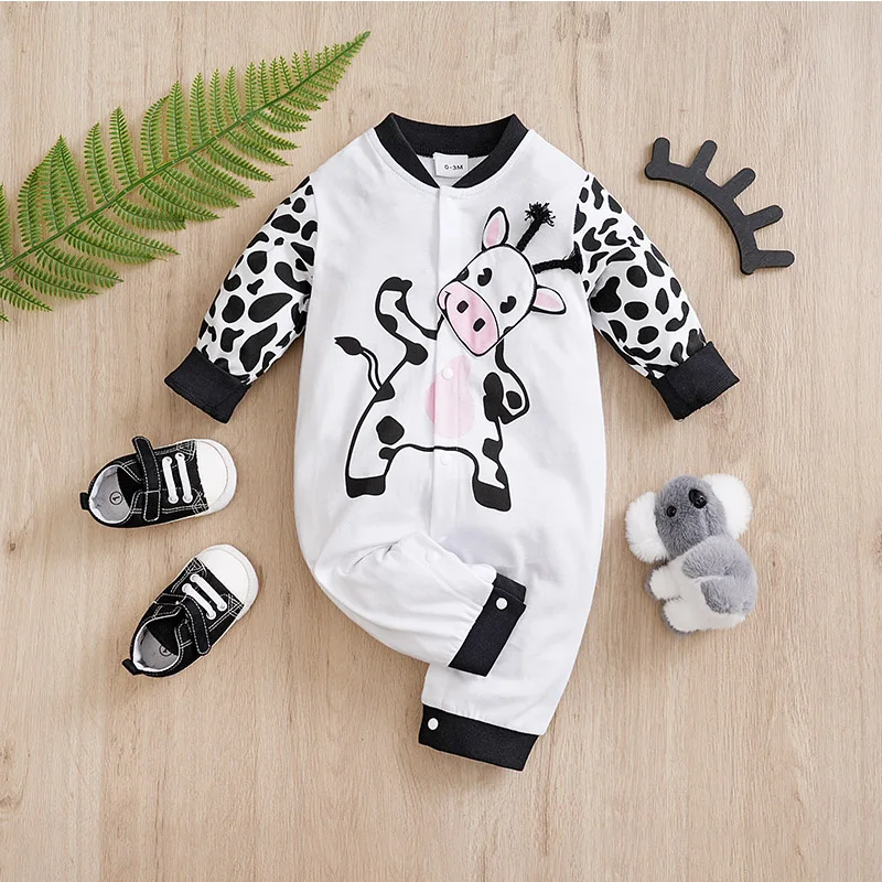 New Designer  Clothing  100 cotton spring and fall long-sleeved baby onesies Black and white cows   Short Sleeves   Fashion