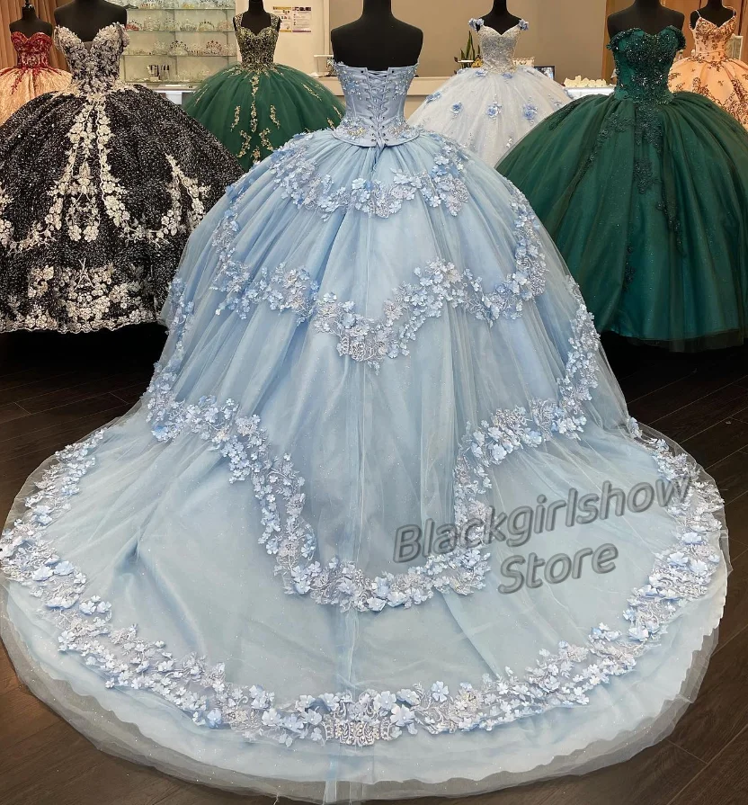 فستان مزين بالزهور لـ Quinceanera ، قطار مصلى 15 ، أزرق سماوي ، غمد ضيق ، فستان حفلة موسيقية ، خيال ،