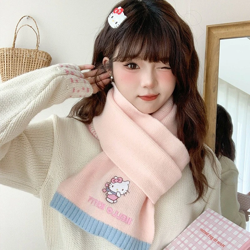 

Miniso Sanrio, подлинный милый шарф с героями мультфильмов для девочек, универсальный осенне-зимний популярный вязаный шарф, утолщенный модный корейский стиль