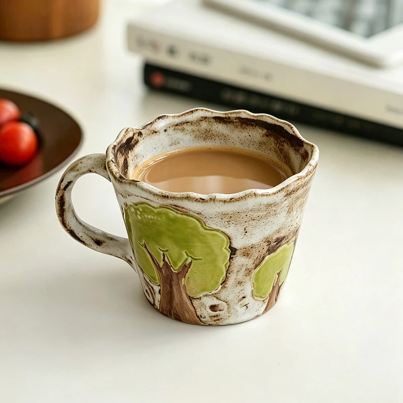 Hand Painted Green Tree Coffee Cup Saucer Set Aesthetic Breakfast Cup for Home Office Couple Gift Tea Coffee Serving