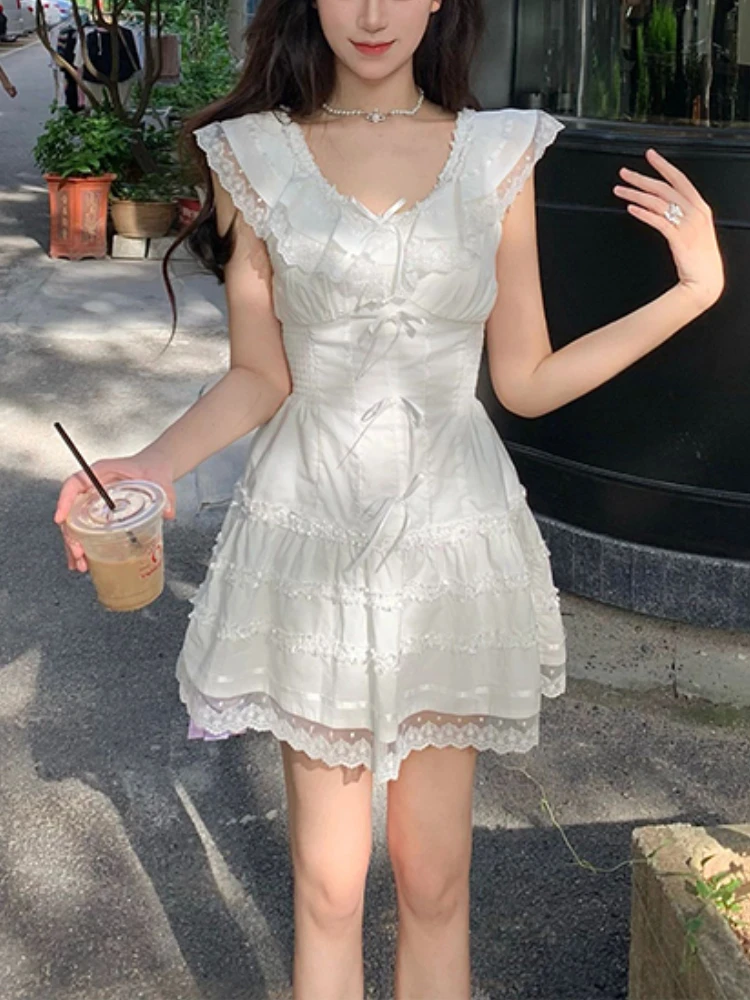 Japanese Kawaii Princess White Mini Dress Women Cute Lace Design Summer One-piece Dress Elegant Sweet Bow Evening Party Dress