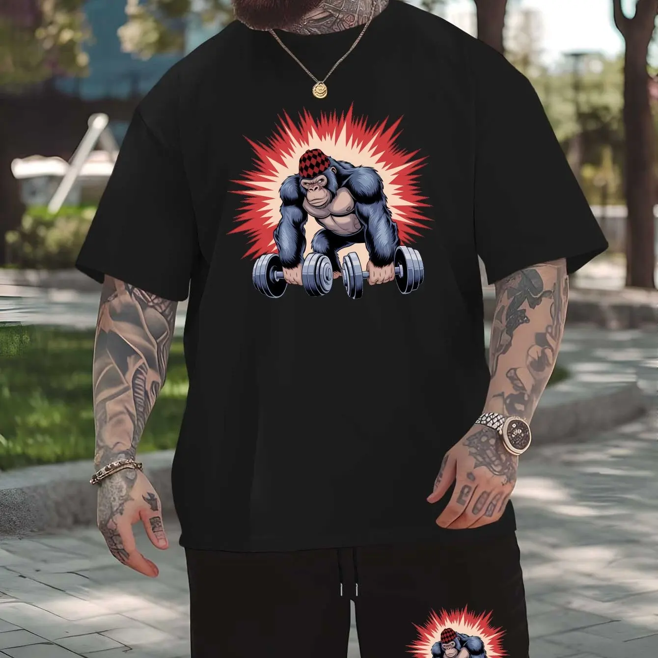 

3D Orangutan Fitness Pattern Men's Two-piece Set Daily Gym Training Crew Neck Short Sleeve Shorts 2-piece Suit Men Clothing ﻿