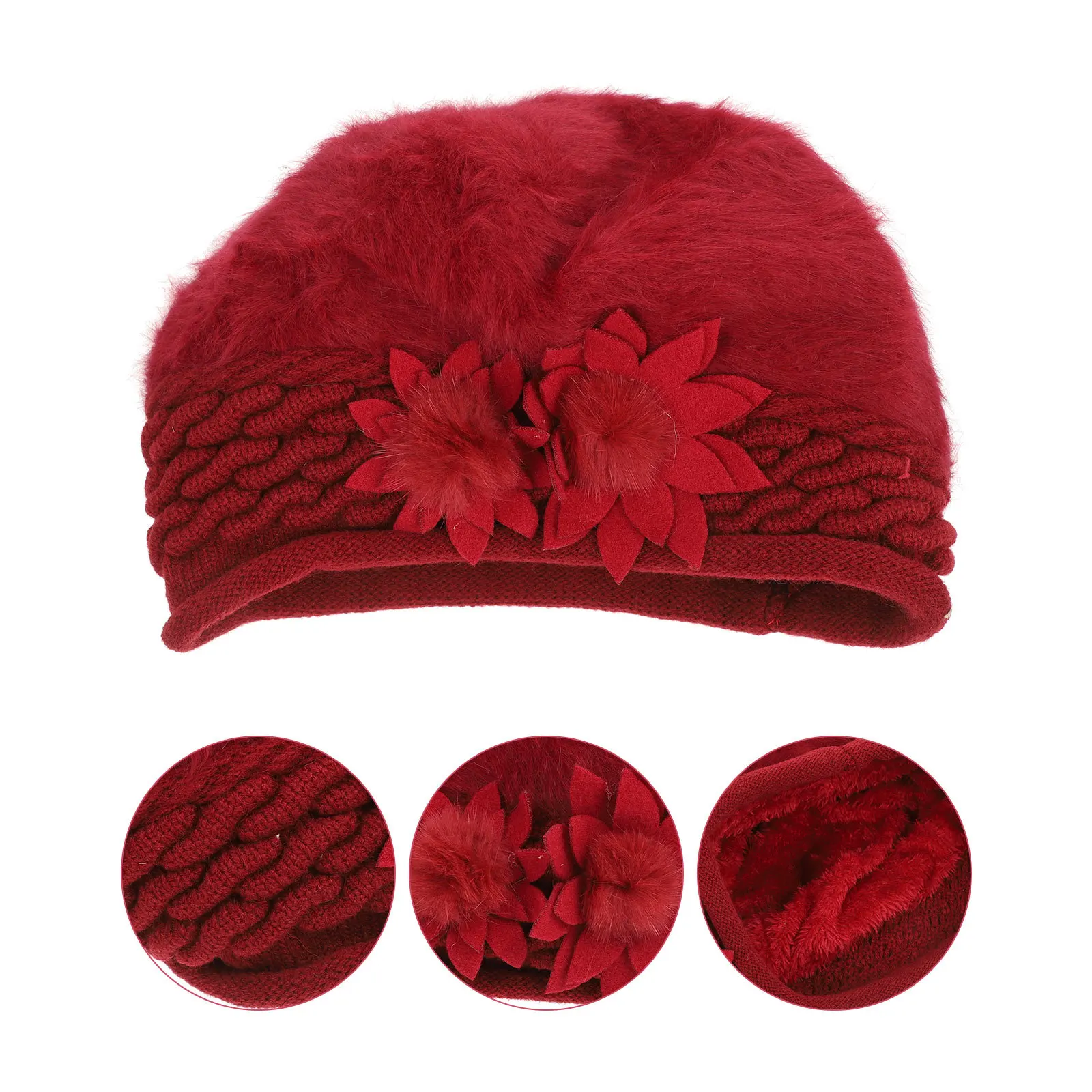 

Red Thickened Double Layer Knit Beanie Hat Women Girls Warm Winter Wool Cap Side Flower Design Outdoor Activities