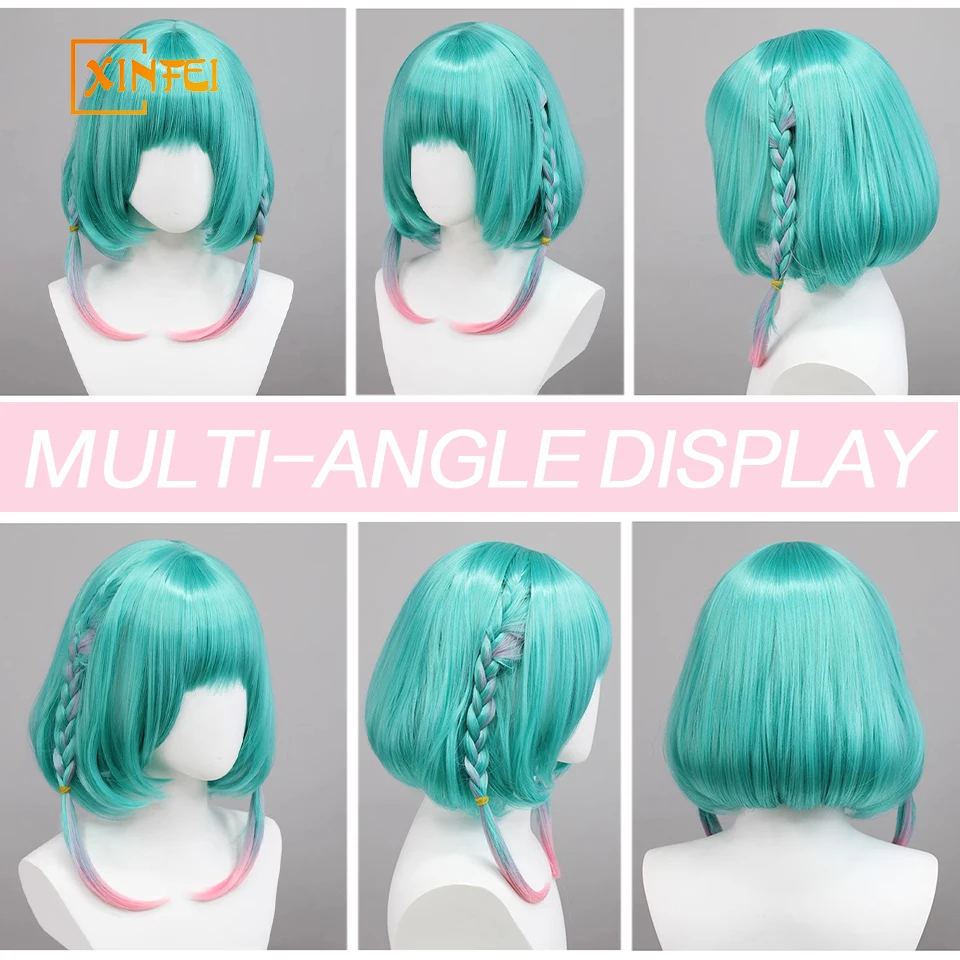 XINFEI Ombre Blue Pink Gradient Short Straight Synthetic Women Anime Game Cosplay Hair Wig for Daily Party